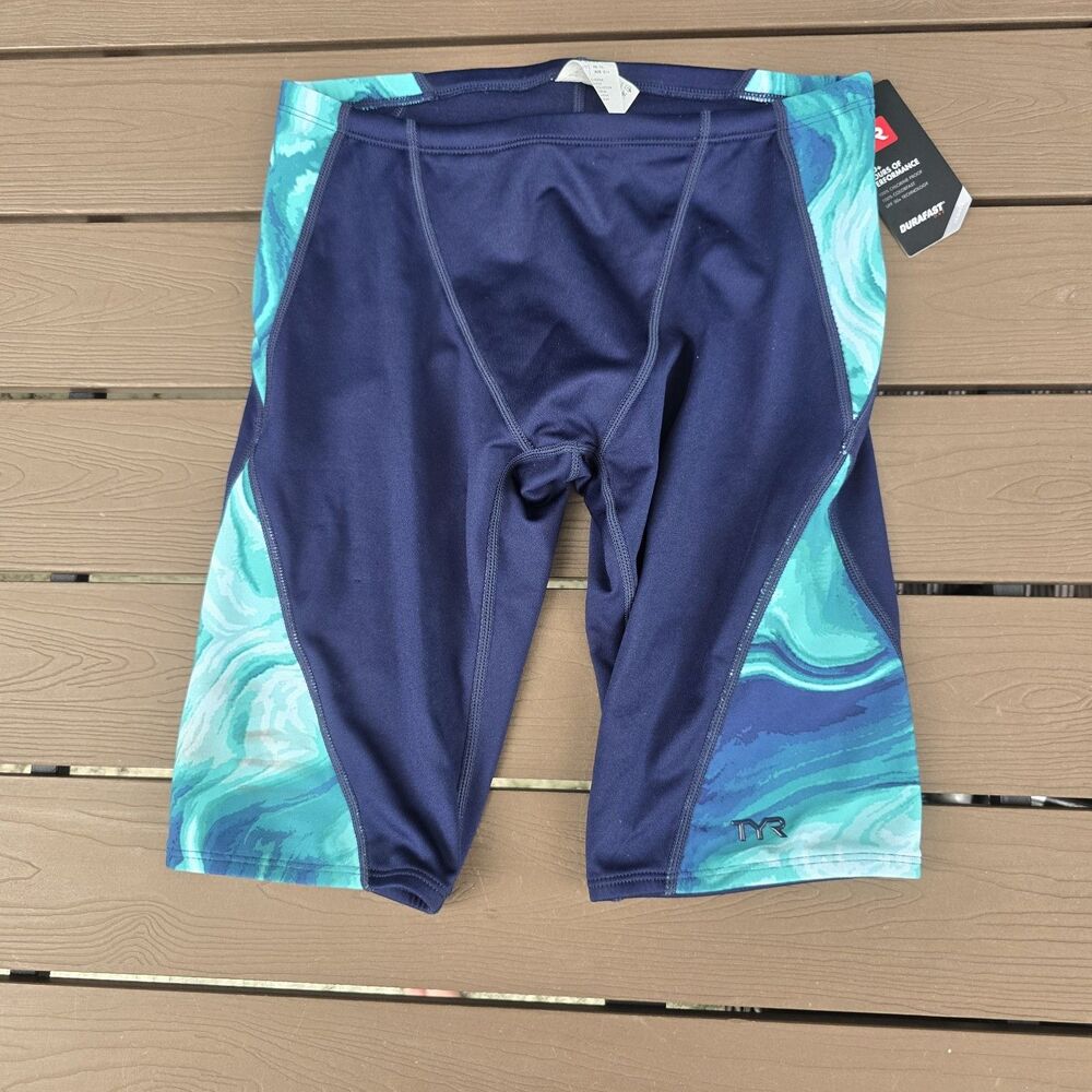 TYR Durafast Elite Swimsuit Mezio Men’s Jammer Navy/ Green Sz 30 NEW
